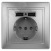 Розетка 2P+E Schuko со шторками с заземлением , 16А-250В + 2хUSB 5В-2,1А, IP20, СУ, алюминий, Intro Plano 1-410-03 ЭРА Б0053944