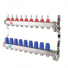 Коллекторная группа с расходомерами 1' х 9 выходов 3/4' НР евроконус с дренажным краном и воздухоотводчиком MVI MS.709.06