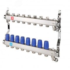 Коллекторная группа с ручными регулировочными клапанами 1' х 8 выходов 3/4' НР евроконус с дренажным краном и воздухоотводчиком MVI MS.608.06