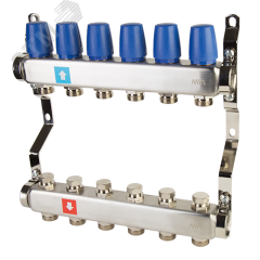 Коллекторная группа с ручными регулировочными клапанами 1' х 6 выходов 3/4' НР евроконус MVI MS.406.06