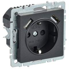 BRITE Розетка 1-местная с заземлением с защитными шторками 16А с USB A+A 5В 3,1А РЮш10-2-БрЧ черный IEK