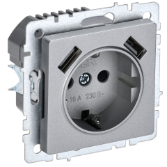 BRITE Розетка 1-местная с заземлением с защитными шторками 16А с USB A+A 5В 2,1А РЮш10-1-БрА алюминий IEK