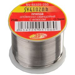 Припой ПОС 30,1мм 250г трубка с флюсом, катушка СВЕТОЗАР SV-55325-250