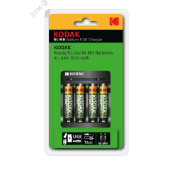 Зарядное устройство для аккумуляторов USB Overnight charger with 4 x 1100 mAh [K4AA/AAA] (6/48/1008) KODAK Б0056004