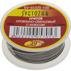 Припой ПОС 30,1мм 100г трубка с флюсом, катушка СВЕТОЗАР SV-55325-100