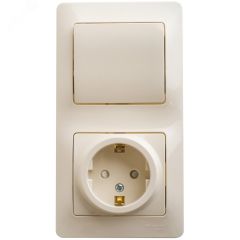 Блок: розетка с заземлением со шторками + выключатель одноклавишный бежевый SE (Systeme) GSL000270