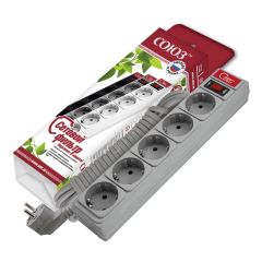 Сетевой фильтр ''СОЮЗ'' ПВС 3*0,75 5гн., 5м, выкл ючатель с индикацией, с/з, серый, премиум упаковка Универсал 1330К