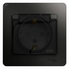 GLOSSA Розетка с заземлением со шторками с крышкой IP44 антрацит в сборе SE (Systeme) GSL000748