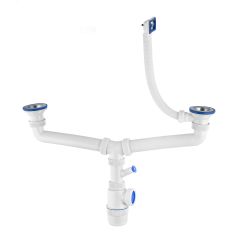 Сифон ЭЛИТ для двойной мойки с нержавеющими чашками D70 мм с отводом для стиральной или посудомоечной машины и с переливом 1'1/2 - D40 VIRPlast 30980618