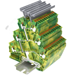 Клемма TP земля, 3-уровневая угловая,с уравниванием потенциала, с держателем маркировки, Push-in, сечение 2,5 мм. кв., желто-зеленая SUPU TPTS2.5-2T-PE
