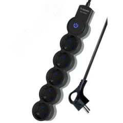 Удлинитель 3м, ПВС 3х0.75 5  гнезд, заземление, выключатель 10А черный КОСМОС YKsm3m-5g-Z-V10A-B