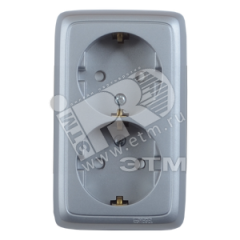 Розетка двойная наружная с заземлением со шторками с изоляционной пластиной серебро HEGEL РА16-154-06