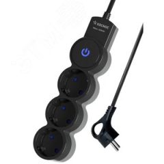 Удлинитель 1.5м, ПВС 3х0.75 3  гнезда, заземление, выключатель 10А черный КОСМОС YKsm1.5m-3g-Z-V10A-B