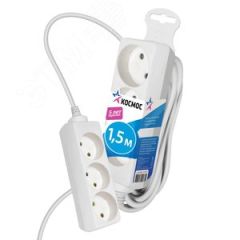 Удлинитель 1.5м, 3гн. ПВС 1мм2, КОСМОС КОСМОС YKsm1.5m-3g(K)