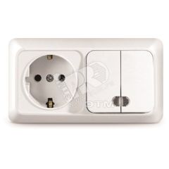 Блок выключатель двуклавишный c подсветкой + розетка с заземлением Олимп горизонтальный белый Универсал О0037