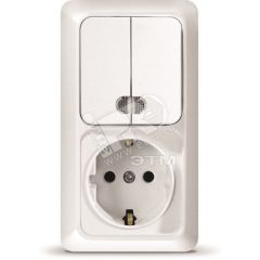 Блок выключатель двуклавишный c подсветкой + розетка с заземлением Олимп вертикальный белый Универсал О0041