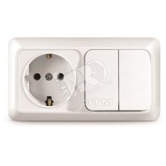 Блок выключатель двуклавишный + розетка с заземлением Олимп горизонтальный белый Универсал О0033