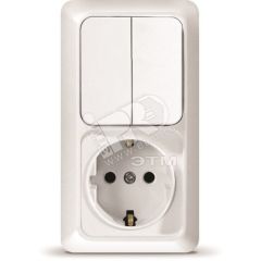 Блок выключатель двуклавишный + розетка с заземлением Олимп вертикальный белый Универсал О0040