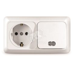 Блок выключатель одноклавишный c подсветкой + розетка с заземлением Олимп горизонтальный белый Универсал О0036