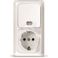 Блок выключатель одноклавишный c подсветкой + розетка с заземлением Олимп вертикальный белый Универсал О0039