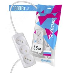 Удлинитель КОСМОС 6А 3 гн ПВС 2*0,75 1,5м КОСМОС YKsm1.5m-3g(6A)S