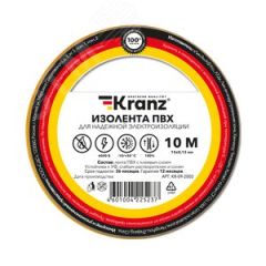Изолента ПВХ KRANZ 0.13х15 мм, 10 м, желтая 10шт Kranz KR-09-2002