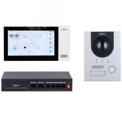 Комплект IP  видеодомофона для накладного монтажа (Панель вызывная DHI-VTO2201F-P, видеодомофон с   WiFi DHI-VTH2421FW-P, неуправляемый 4-портовый     Dahua DHI-KTP01L(S)