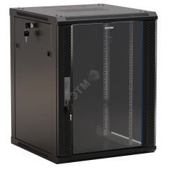 Шкаф настенный 19-дюймовый 15U 775x600х600мм стеклянная дверь с перфорацией по бокам ручка с замком с возможностью установки на ножки черный (RAL 9004 Hyperline TWB-FC-1566-GP-RAL9004