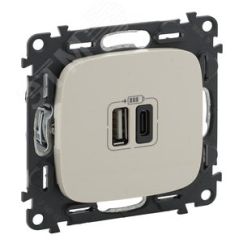Valena ALLURE.Зарядное устройство с двумя USB-разьемами тип А-тип С 240В/5В 3000мА.С лицевой панелью.Цвет Слоновая кость LEGRAND 754966