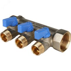 Коллектор с шаровыми кранами 1', 3 отвода 1/2' (синие ручки) STOUT SMB 6201 011203