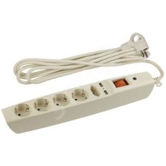 Сетевой фильтр (сл. кость) с заземл, 3x0.75мм2, со шт, с выкл, 5гн+2xUSB, 2м, кор (20/200) SFU-5es-2m-I ЭРА C0043328