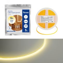 Лента светодиодная LEDх400/м COB 5м 7w/m 12в 3000К FERON LS630 48947