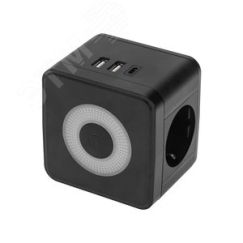 Двойник электрический Куб 16А с/з + 2хUSB-A 2,4А + USB Type-C 3А с ночной подсветкой, черный REXANT 11-1252