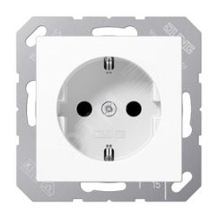 Штепсельная розетка SCHUKO одинарная, с заземлением, с шторками, 16A, 250В  (механизм + накладка, без рамки). Серия A500  Материал- термопласт  Цвет-  JUNG A1520BFKIWW