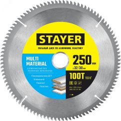 Диск пильный по алюминию, супер чистый рез MULTI MATERIAL 250х32/30мм 100Т STAYER 3685-250-32-100