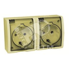 15 Aqua Розетка двойная 2Р+Е Schuko со шторками с крышкой полупр. IP54 16А 250В винт.зажим S15A с.кость Simon 1594443-031