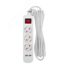 Удлинитель STANDARD 3 гнезда, 5 м, 3х1,0 мм2, с/з, с выключателем, 2 USB, белый REXANT 13-4017