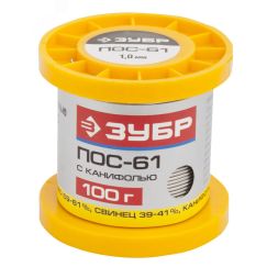 Припой , ПОС 61, трубка с канифолью, 100г, 1мм ЗУБР 55450-100-10C