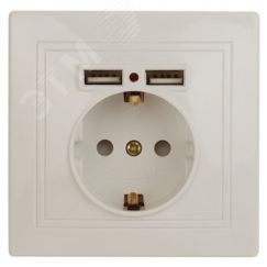 Розетка Intro Plano 1-410-02 с заземлением 2P+E Schuko со шторками, 16А-250В + 2хUSB 5В-2,1А, IP20, СУ, слоновая кость ЭРА Б0053943