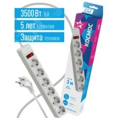 Сетевой фильтр 3м 6 гнезд, пвс 3х1мм2, белый, с заземлением, индикатор сети, КОСМОС КОСМОС FKsm3m-6g(W)16A
