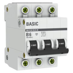 Автоматический выключатель 3P 6А (B) 4,5кА ВА 47-29 Basic EKF mcb4729-3-06-B
