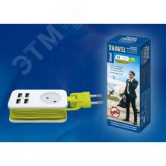 Удлинитель серии Travel шнур 1,5м 1 гнездо 10А без заземления 4USB 2,1A  Белый с салатовым ТМ Uniel S-CT1-1,5U WHITE/GREEN Uniel UL-00003331