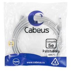 Патч-корд U/UTP, категория 5е, 2xRJ45/8p8c, неэкранированный, серый, LSZH, 5м Cabeus PC-UTP-RJ45-Cat.5e-5m-LSZH