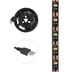 Лента светодиодная с USB коннектором 5В, SMD 2835, 4,8Вт/м, 60 LED/м, IP65, 3000K, 8мм, 1м LAMPER REXANT 141-386
