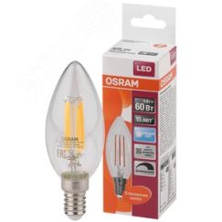 Лампа светодиодная LED 5Вт E14 CLB60D белый, Filament диммируемая,прозр.свеча OSRAM LEDVANCE 4058075230385