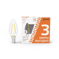 Лампа светодиодная филаментная LED 7 Вт 550 лм 2700К AC185-265В E14 свеча теплая (промоупаковка 3 лампы) Black Filament Gauss Gauss 103901107T