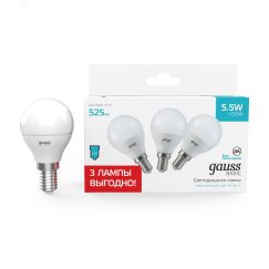 Лампа светодиодная LED 5.5 Вт 525 лм 4100К AC180-240В E14 шар P45 нейтральный (промоупаковка 3 лампы) Basic Gauss Gauss 10531252T