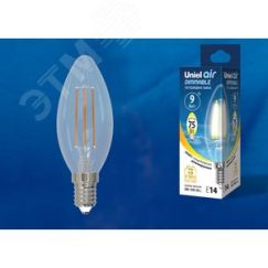 Лампа светодиодная LED-C35-9W/3000K/E14/CL/DIM GLA01TR диммируемая. Форма ''свеча'', прозрачная. Air. Теплый (3000K). Картон. Uniel UL-00005185