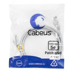 Патч-корд U/UTP, категория 5е, 2xRJ45/8p8c, неэкранированный, серый, PVC, 2м Cabeus PC-UTP-RJ45-Cat.5e-2m