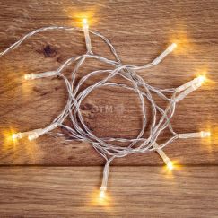 Гирлянда светодиодная универсальная 10 LED, 1,2 м, прозрачный ПВХ, теплое белое свечение, батарейки 2хАА Neon-Night 303-073
